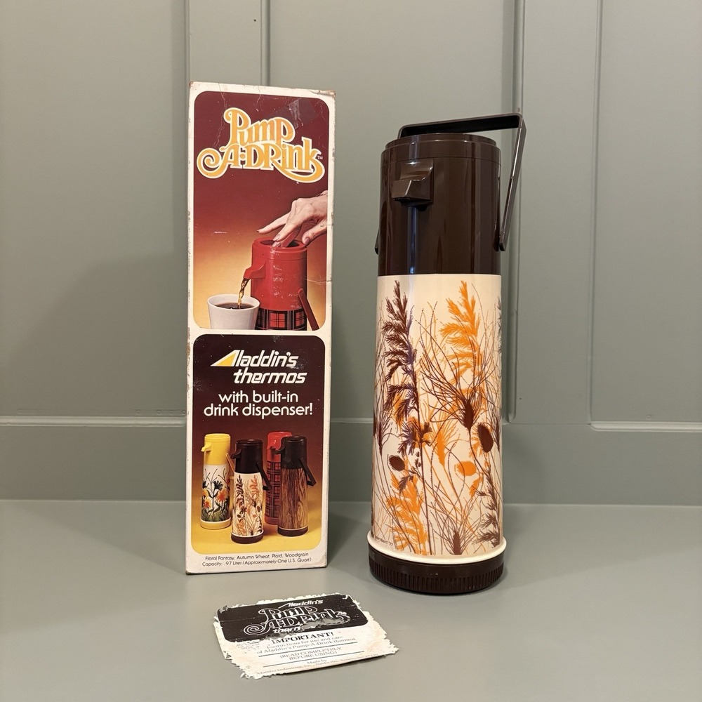 Vintage 1970s Aladdin Pump-A-Drink Thermos 1 Qt. Autumn Wheat Floral w/ Box